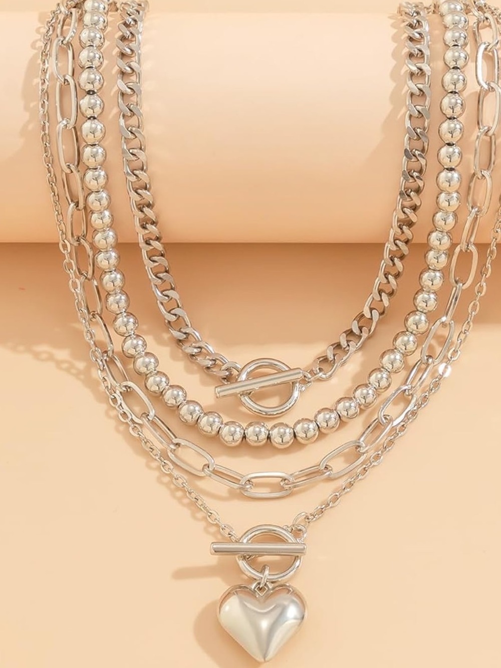 Layered Silver Heart Toggle Necklace - Women Jewelry